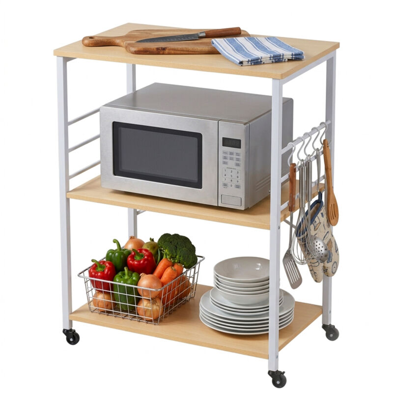 Relaxdays Küchenrollwagen, 3 Ablagen, 6 S-haken, Hxbxt, 89 X 60 X 40 Cm, Mdf & Stahl, Küche, Servierwagen, Natur/weiß