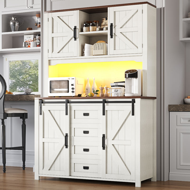 Stilvora Küchenschrank Mit Schiebetüren, Offenem Fach, 2 Schubladen Und Led, Aus Mdf Und Metall, 115 X 40 X 174, 7 Cm, Weiß