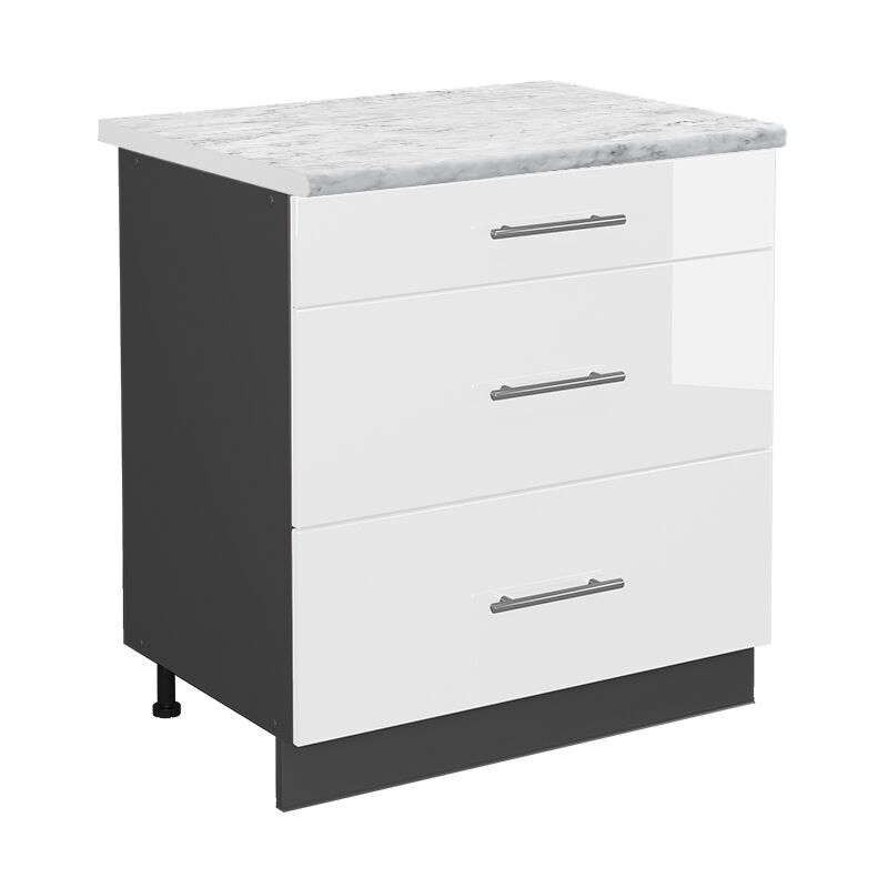 Vicco - Küchenunterschrank Fame-line, Weiß Hochglanz, 80 Cm Mit 3 Schubladen, Ap Marmor