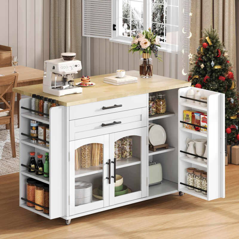 Stilvora Küchenwagen Mit 2 Glastüren, 2 Schubladen, Klappbarer Arbeitsplatte Und 5 Rollen, Aus Mdf, 120 X 45(70) X 90 Cm