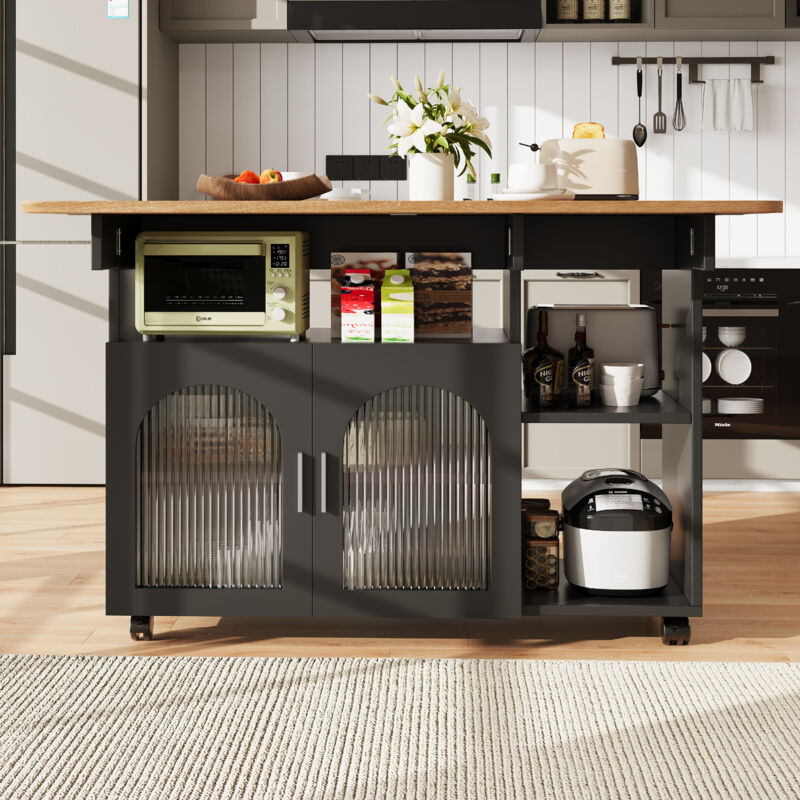 Stilvora Küchenwagen Mit Klappbarer Tischplatte, 2 Geschlossenen Fächern, Offenen Regalen Und Rollen, Aus Mdf Und Glas, 120x30x79.5 Cm, Schwarz Natur