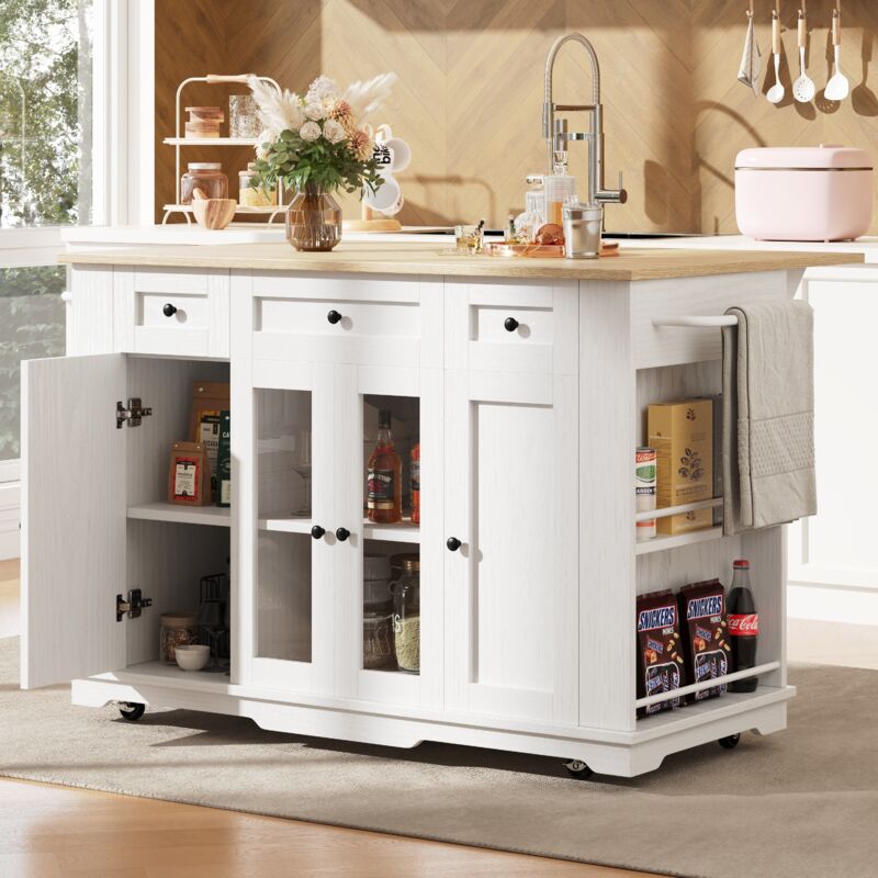 Stilvora Küchenwagen Mit Schublade, Stauraum Und Klappbarer Platte, Aus Mdf Metall Und Glas, Weiß Natur, 151, 5 X 60 X 91, 7 Cm