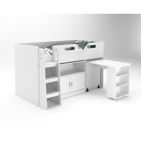 Kudl - Storage Mid Sleeper 01 Children's Bed with Desk and Cupboard - MFC/Wood - L98.6 x W195 x H120 cm - White