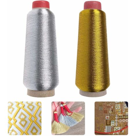 kueatily 2 morceaux de fil à coudre en polyester pour tricoter, coudre, crocheter (or et argent)
