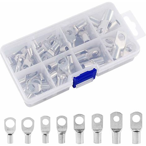 kueatily 60 Pcs Trou de Boulon en Cuivre, Cosses Cable Anneau de la Batterie et Anneau à Sertir Bornes de Batterie pour les Applications Marines, Automobiles ou Extérieures (8 Spécifications)