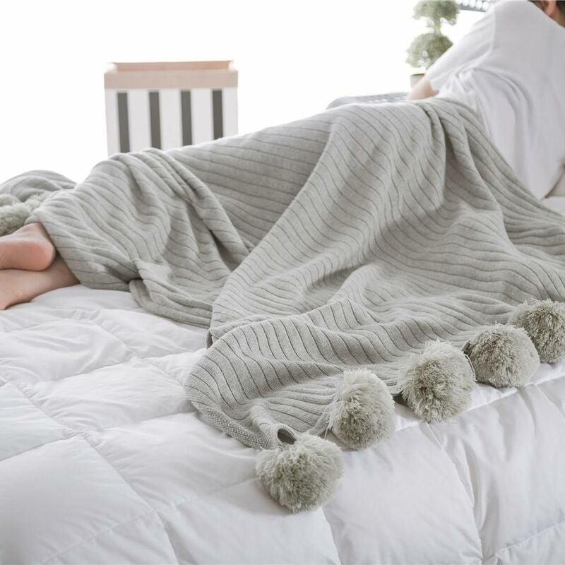 Couverture en tricot 100% coton doux avec pompons et pompons, hypoallergénique, pour canapé/lit-90 x 90 cm (Gris)-Fei Yu