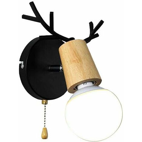 kueatily Nordisches modernes Design Hirschgeweih Wandleuchte aus Holz mit Zugkettenschalter für Lesezimmer Schlafzimmer E27 schwarz ohne Glühbirne