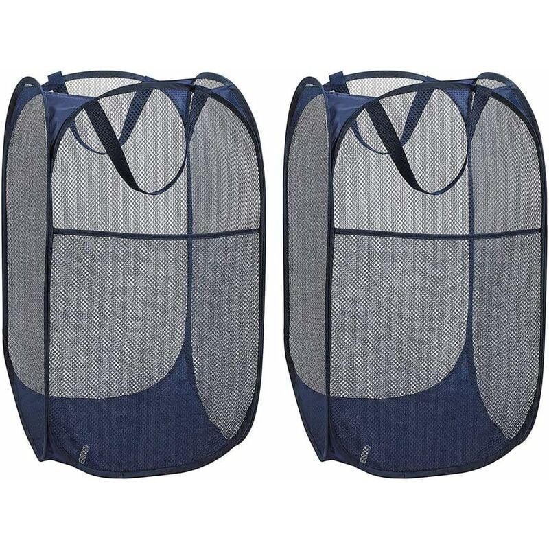 Panier à Linge [Lot de 2] Corbeilles à Linge Pliable Pop Up en Maille Filet Sac à Linge Panier à Linge Pliable avec ManiPôler, Bleu-Fei Yu