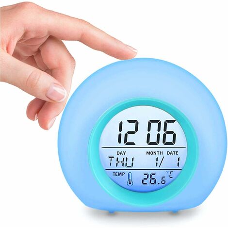 kueatily Réveil Enfants Numérique Horloge Créatif Rond Calendrier Perpétuel Lampe Réveil avec 7 Couleurs de LED Réveil Chevet pour Enfant Bébé (Bleu)