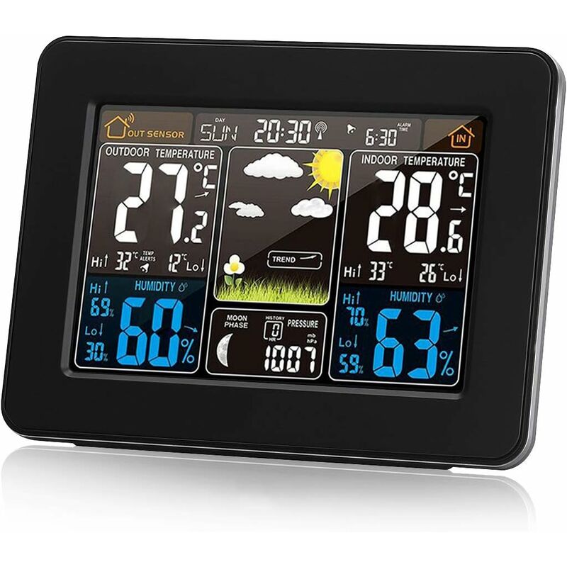 Station météo sans Fil avec Alerte et la température/humidité/baromètre/Alarme/Horloge Lunaire/météo avec capteur extérieur numérique à Affichage des