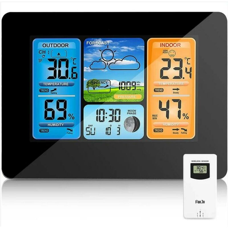 Station météo sans Fil Horloge de météo ,colorée numérique avec capteur extérieur ,Thermomètre extérieur intérieur avec Date Température Humidité