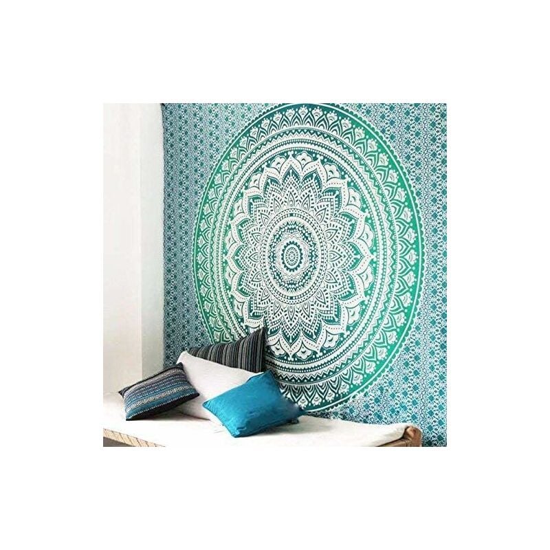 Tapisserie Bohême Mandala Tapisserie Tenture Murale pour La Décoration Murale Hippie Tapisserie Tapis De Plage Tapis Rond De Yoga (Vert, 210 x