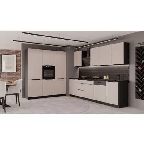 Küche ARONA 280 + 180 cm Küchenzeile Küchenblock Einbauküche Kaschmir beige matt + Schwarz matt