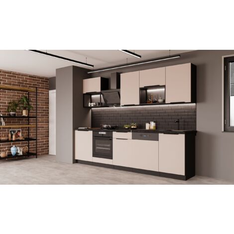 Küche ARONA BASIC LOFT 280 cm Küchenzeile Küchenblock Einbauküche Kaschmir beige matt + Schwarz matt