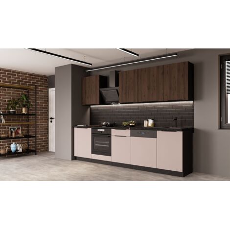 Küche ARONA + MONZA BASIC 280 cm Küchenzeile Küchenblock Einbauküche Kaschmir beige matt + Nußbaum + Schwarz matt