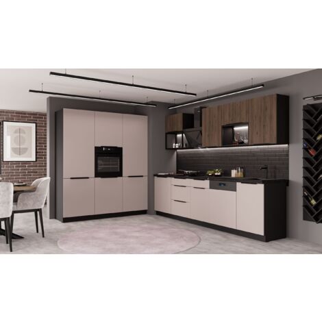 Küche ARONA + MONZA LOFT 280 + 180 cm Küchenzeile Küchenblock Einbauküche Kaschmir beige matt + Nußbaum + Schwarz matt