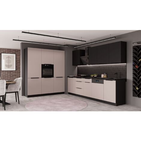 Küche ARONA + SIENA 280 + 180 cm Küchenzeile Küchenblock Einbauküche Kaschmir beige matt + Schwarz matt
