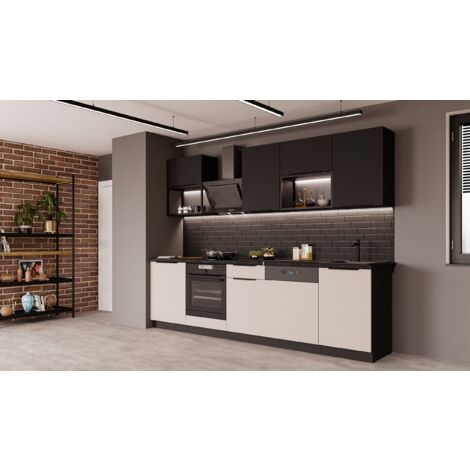 Küche ARONA + SIENA BASIC LOFT 280 cm Küchenzeile Küchenblock Einbauküche Kaschmir beige matt + Schwarz matt
