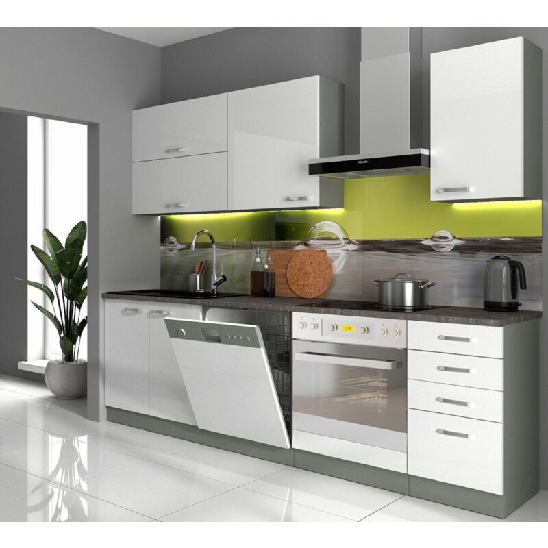 Küche Bianca Basic I 240 cm Küchenzeile Hochglanz weiß Küchenblock