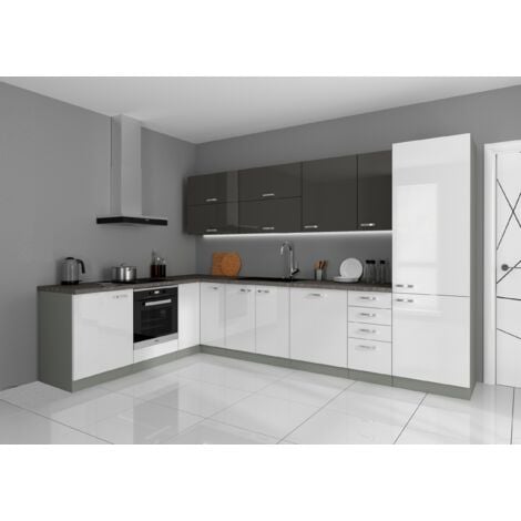 Küche Bianca Ecke V 210x330 Küchenzeile Hochglanz Weiss + Grau Küchenblock Grey