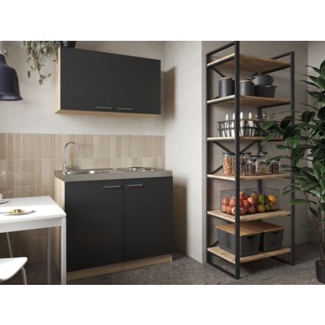 Küche Miniküche Singleküche Pantry Eiche Sägerau Schwarz Merle 100 cm Respekta