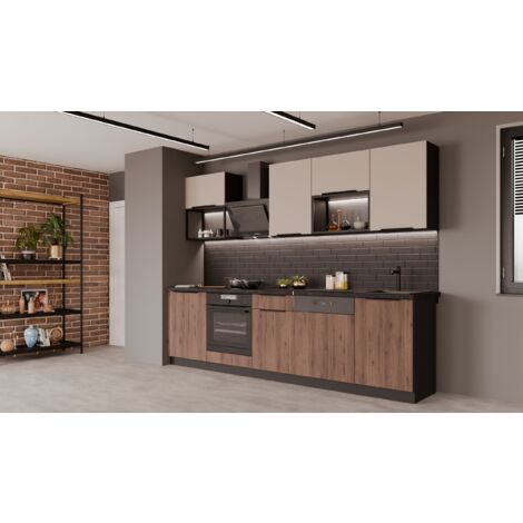 Küche MONZA + ARONA BASIC LOFT 280 cm Küchenzeile Küchenblock Einbauküche Nussbaum Okapi matt + Kaschmir beige matt