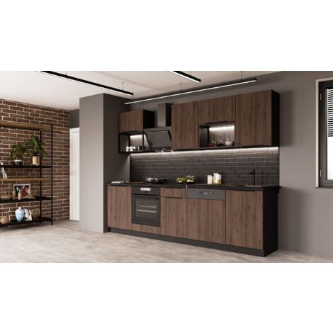 Küche MONZA BASIC LOFT 280 cm Küchenzeile Küchenblock Einbauküche Nussbaum Okapi matt + Schwarz matt