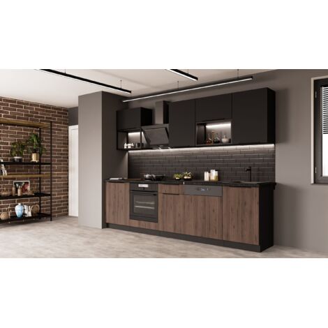 Küche MONZA + SIENA BASIC LOFT 280 cm Küchenzeile Küchenblock Einbauküche Nussbaum Okapi matt + Schwarz matt