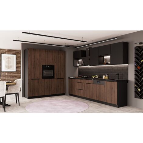 Küche MONZA + SIENA LOFT - 280 + 180 cm Küchenzeile Küchenblock Einbauküche Nussbaum Okapi matt + Schwarz matt