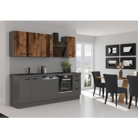 Küche NESSA + OLD STYLE Basic 240 cm Old Wood Optik Küchenzeile Küchenblock