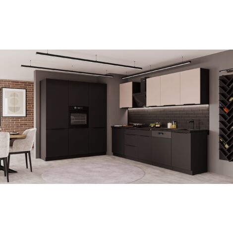 Küche SIENA + ARONA 280 + 180 cm Küchenzeile Küchenblock Einbauküche Kaschmir beige + Schwarz matt