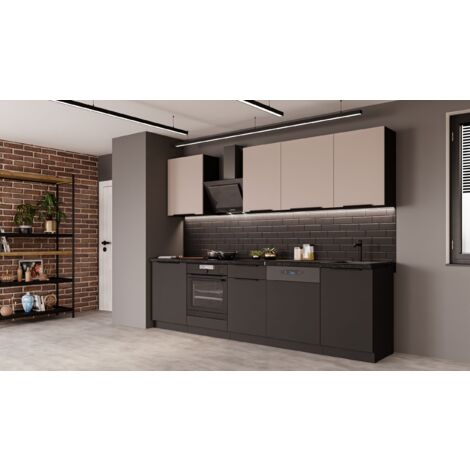 Küche SIENA + ARONA BASIC 280 cm Küchenzeile Küchenblock Einbauküche Kaschmir beige + Schwarz matt
