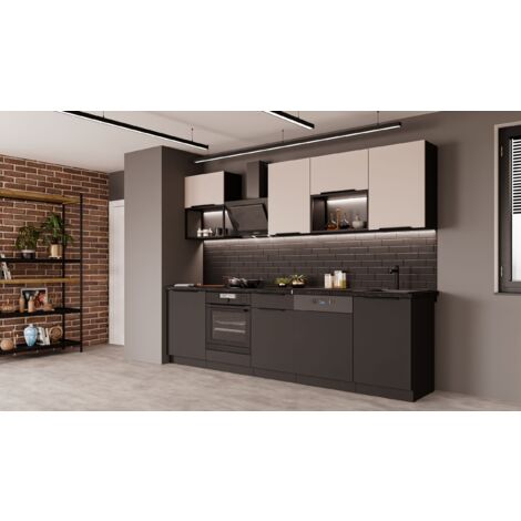 Küche SIENA + ARONA BASIC LOFT 280 cm Küchenzeile Küchenblock Einbauküche Kaschmir beige + Schwarz matt