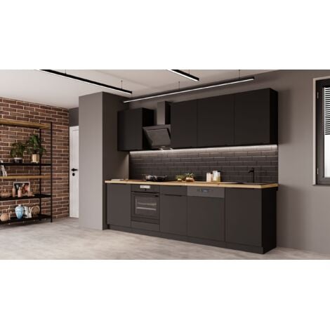 KÜCHEN PREISBOMBE Küche SIENA BASIC 280 cm Küchenzeile Küchenblock Einbauküche Schwarz matt