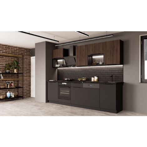 Küche SIENA + MONZA BASIC LOFT 280 cm Küchenzeile Küchenblock Einbauküche Nussbaum Okapi + Schwarz matt