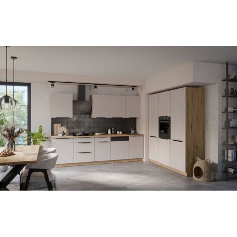 Küche SOLANO 280 + 180 cm Küchenzeile Küchenblock Einbauküche Kaschmir beige matt + Eiche Artisan matt