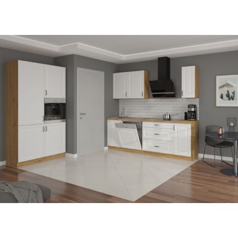 Küche Stilo Weiß + Eiche Artisan 230 + 120 Küchenzeile Küchenblock Einbauküche