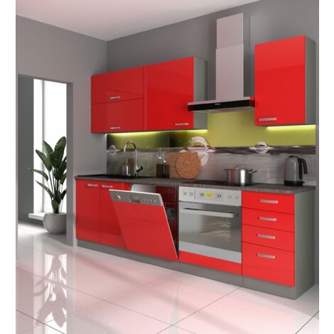 Küche Vario Basic III 240cm Küchenzeile in Hochglanz Rot Küchenblock Einbauküche
