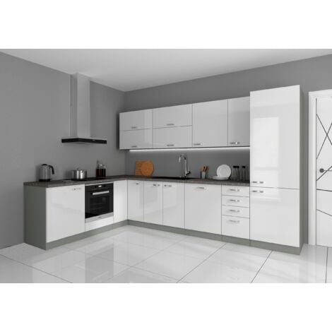 Küche Vario Ecke I 210x330 cm Küchenzeile in Hochglanz weiß Küchenblock