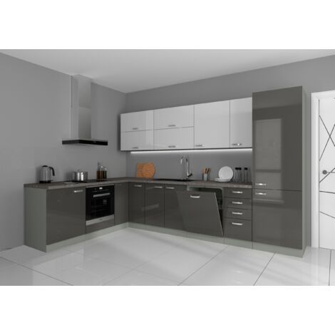 Küche Vario Ecke IV 210x330 cm Küchenzeile in Hochglanz Grau+Weiss Küchenblock