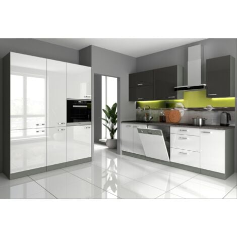 Küche Vario V 240+160 cm Küchenzeile in Hochglanz Weiss+Grau Küchenblock