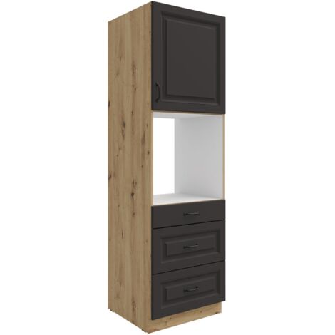 Küchen Backofen Hochschrank 60 cm mit Schubladen Stilo Grau + Eiche Artisan Küchenzeile Küchenblock Einbauküche Landhaus Küche