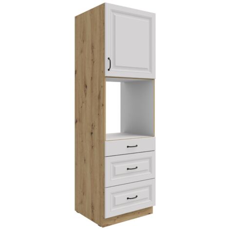 Küchen Backofen Hochschrank 60 cm mit Schubladen Stilo Weiss + Eiche Artisan Küchenzeile Küchenblock Einbauküche Landhaus Küche