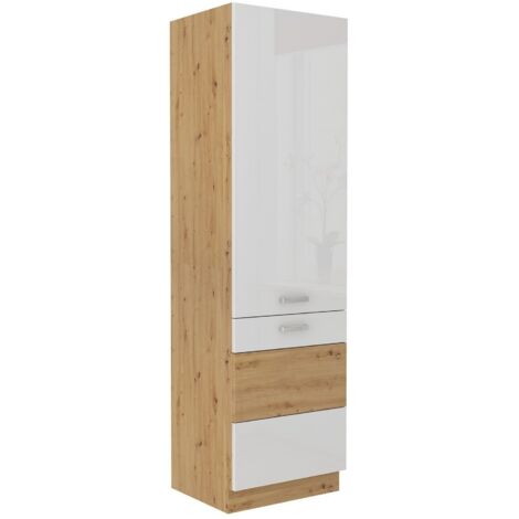 Küchen Hochschrank 60 cm Eiche Artisan + Weiss Hochglanz Küchenzeile Küchenblock