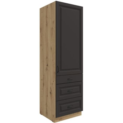 Küchen Hochschrank 60 cm mit Schubladen Stilo Grau + Eiche Artisan Küchenzeile Küchenblock Einbauküche Landhaus Küche