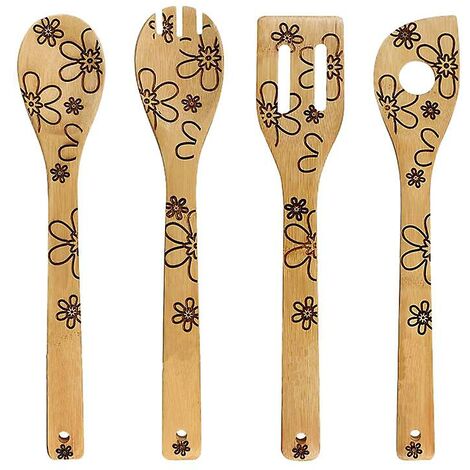 Küchen-Kochutensilien-Set, 4-teilige Bambus-Holzlöffel und Küchen-Kochutensilien für und Wok