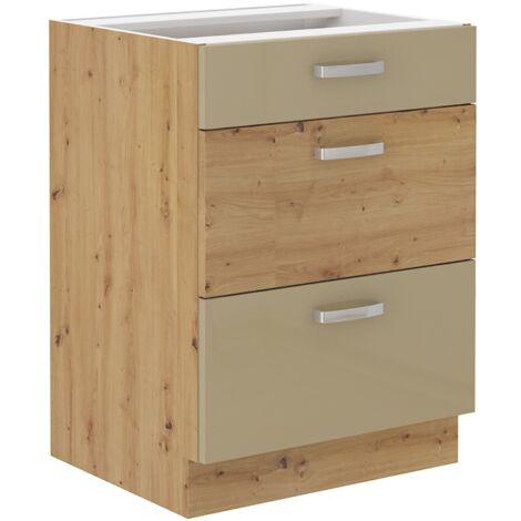Küchen Unterschrank 60 Eiche Artisan Cappuccino Hochglanz Vollauszug Soft-Close