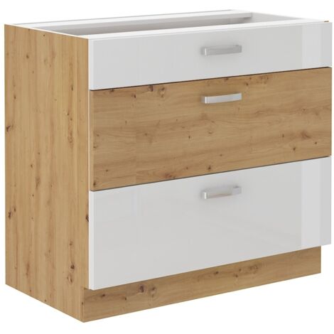 Küchen Unterschrank 80 cm Eiche Artisan + Weiß Hochglanz Vollauszug Soft-Close