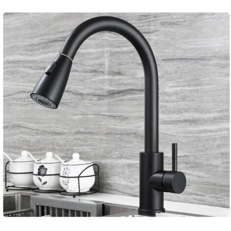 ONTWAY Küchenarmatur, 360° drehbarer Küchenmischer mit herausziehbarer Brause, 3 Strahlarten, Spültischarmatur, Edelstahl, Schwarz