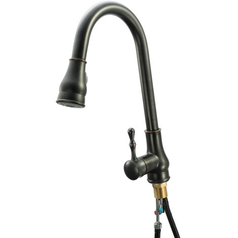 Küchenarmatur im europäischen Stil mit Ausziehfunktion, Oberfläche in geölter Bronze, Einzelanschluss, Ständermontage, hoher Auslauf, Zweifunktions-Brausekopf.